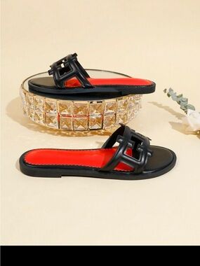 New Look Black Slide Mules with Red Insole